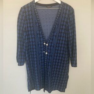 Misook Women Size L 3/4 Sleeve Knit Over Jacket Hook Eye Closure Blue Geometric